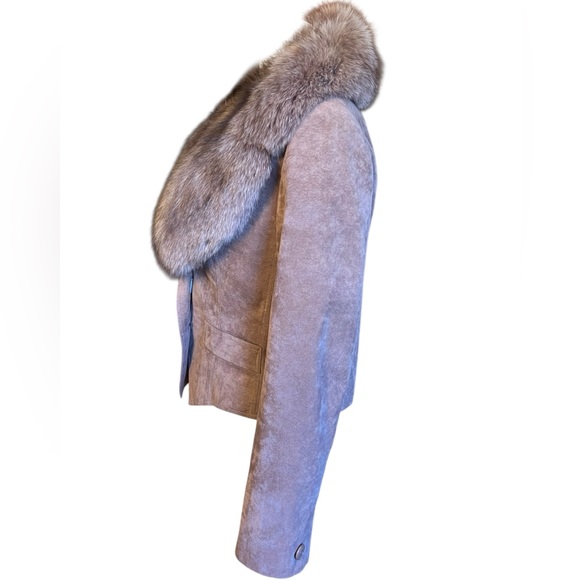 Saks Fifth Avenue Brown Suede Jacket with Fur Collar - Picture 4 of 13